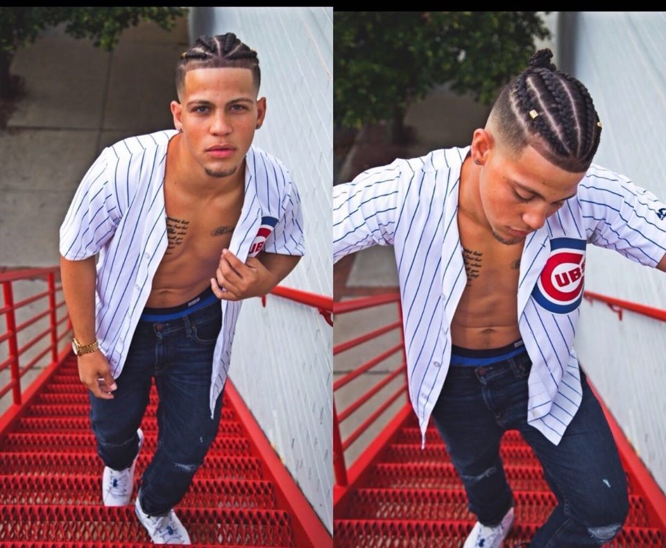 Two-panel streetwear modeling shoot of Rome Rizzo in a pinstripe baseball jersey on red stairs